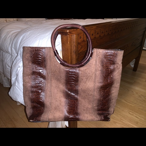 Brown suede and snake print style leather purse - Picture 1 of 5